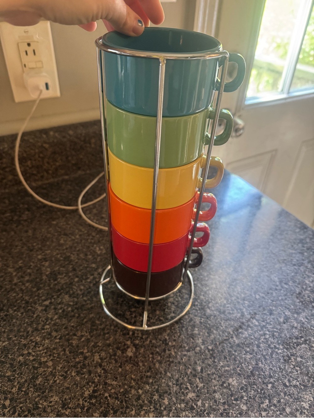 6 Kirklands Rainbow Stackable Ceramic Espresso Mug Set with Chrome Stand